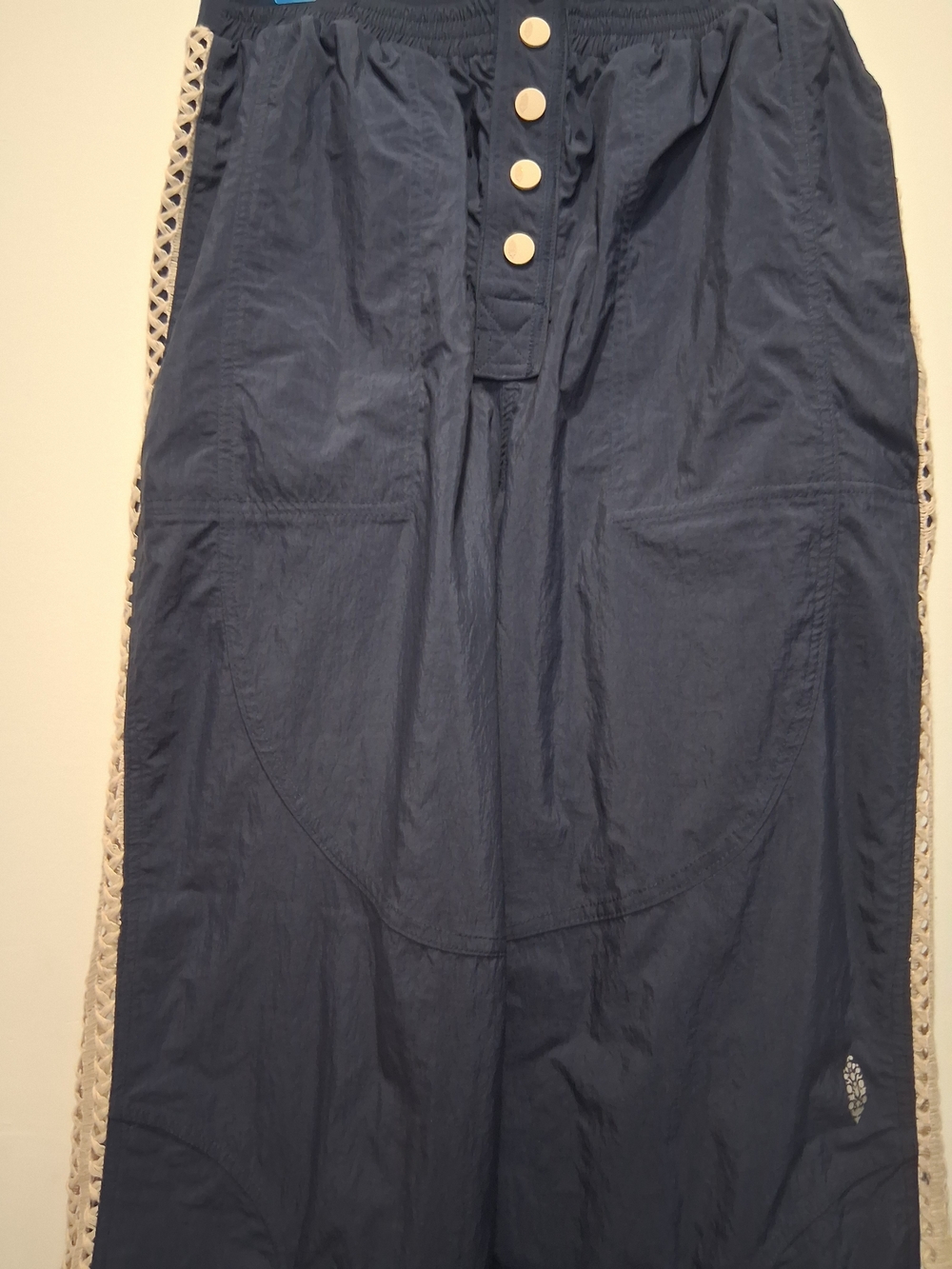 Free People Navy Boot-Cut Liesure Windbreaker  Material with Cream Crochet Sides
